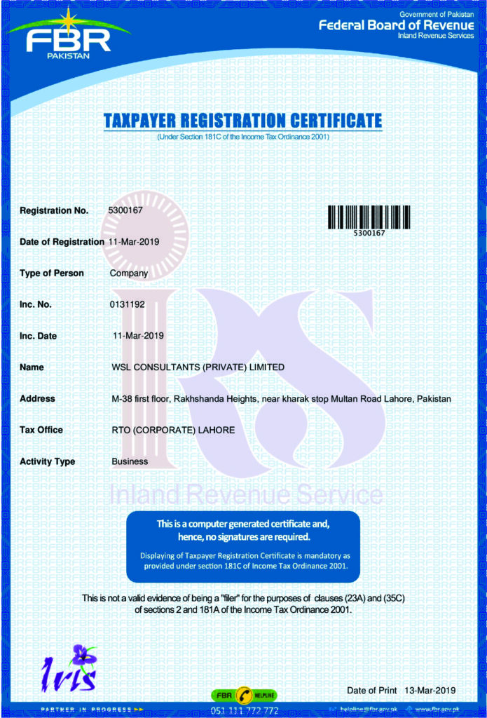 wsl consultants FBR certificate